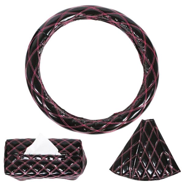 汎用 内装3点セット ダブルステッチ 黒×桃 艶あり エナメルキルト