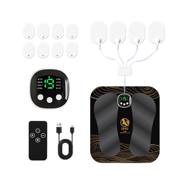 ブラック/-/-・19強度・8個ems導電パット刺激が8種類、強さが19段階の組み合わせで、部位ごとに調整でます！静かにじわじわ動いている感じから飛び上がるぐらい体験ができます。足裏だけでなく、肩やひじ、ふくらはぎ、ふとももなども利用できま...