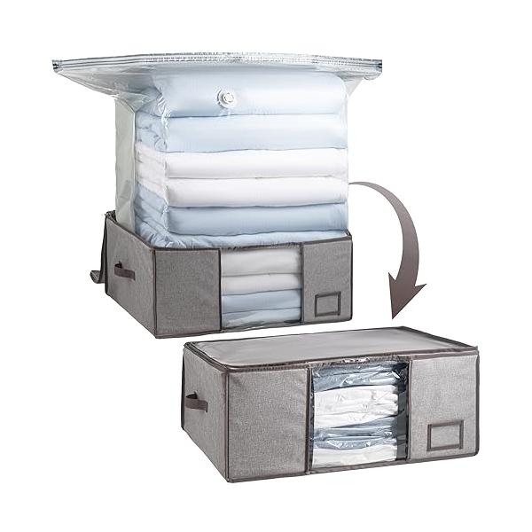 グレー/L/-・Size:L・収納力に抜群：収納ボックス(1枚)：65*50*27 cm ；圧縮袋(1枚)：110*100*44 cm。収納目安：冬用掛け布団を2 ~ 3枚収納できます。圧縮袋と収納ケースが一体に，容量を減らすだけでなく、ク...