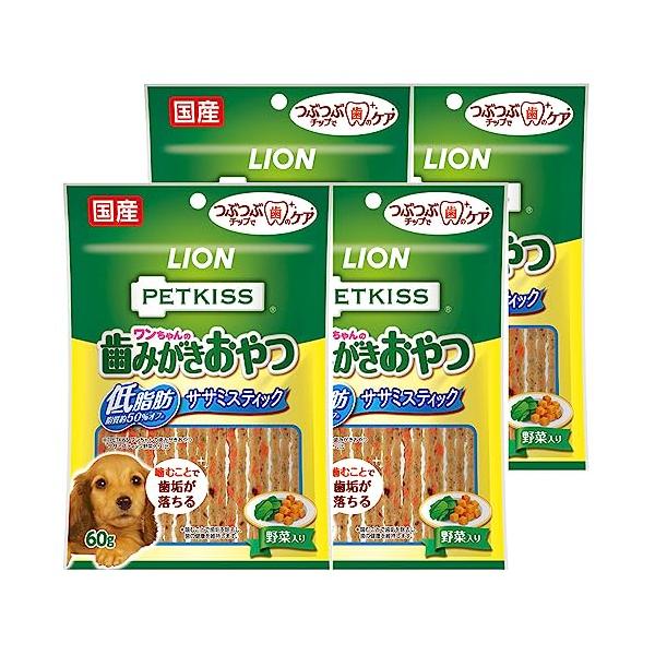他サイト： ライオン PETKISS ワンちゃんの歯みがきおやつ 低脂肪ササミスティック 野菜入り 4個パック 低脂肪野菜入り 60グラム (x 4) (まの商品画像