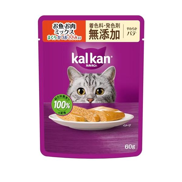 他サイト： カルカン パウチ やわらかパテ 1歳から 60g×12袋 着色料・発色剤 無添加 お魚・お肉ミックス まぐろ・かつお・ささみ入り 成猫用 ウェッの商品画像