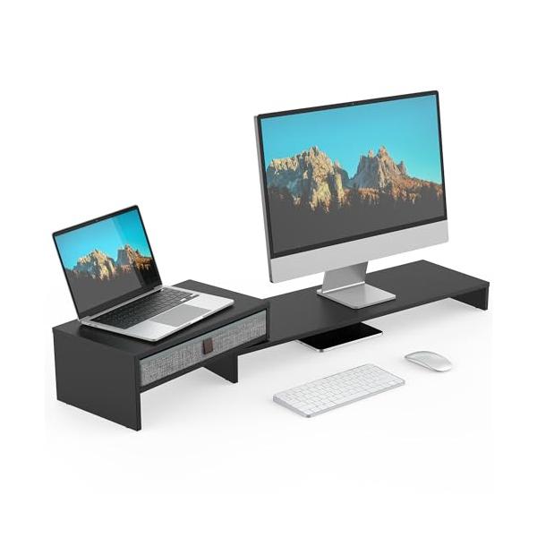 木目黒/-/-・Color:木目黒・収納たっぷり・ スペースを有効に活用モニター台に引き出しが付いているのでペン、スマホ、ノートなどの文具小物一気に収納できます。モニター下の空間はキーボードやマウスなど周辺機器などの周辺機器を整理し、作業ス...