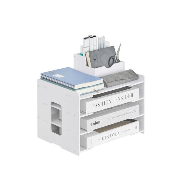 4仕切り−幅34cm/34x25x23cm/KHD-CK08-WHT-JP・パッケージ個数:1・多機能デスクオーガナイザーデスク周りをすっきり整理整頓！本製品は、書類、ノート、文房具、小物などを効率よく収納できる多機能デスクオーガナイザーで...