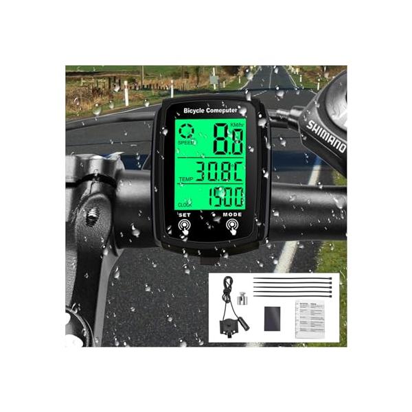 黒色/-/-・Color:黒色・19機能このサイクルコンピューターは、サイクリングに関するあらゆる情報を提供する。速度表示、シングルマイレージ、平均速度、最大速度、総走行距離、カロリー消費量、温度表示、乗車時間、時計表示、バックライト、タイ...