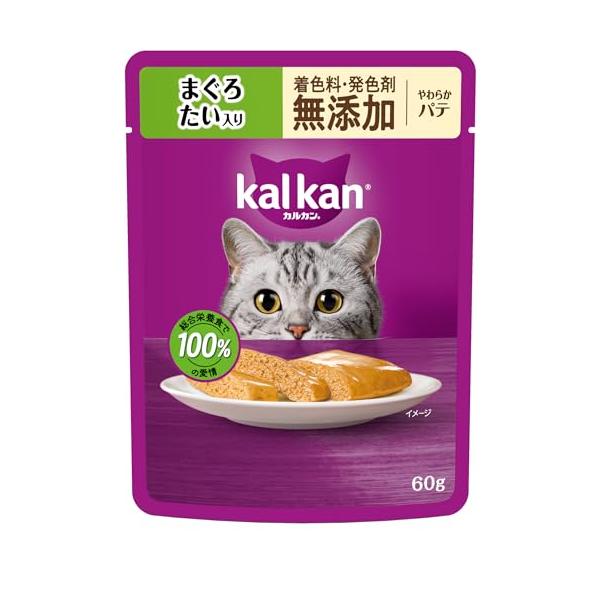 他サイト： カルカン パウチ パテ 1歳から 60g×12袋 着色料・発色剤 無添加 まぐろ たい入り 成猫用 やわらかパテウェットフード キャットフードの商品画像