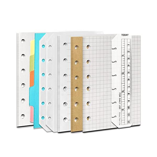 お得なシステム手帳リフィルセットパッケージ内容：６穴A7手帳リフィル-方眼1冊×45枚＋６穴A7手帳リフィル-空白1冊×45枚＋６穴A7手帳リフィル-横罫1冊×45枚＋６穴A7手帳リフィル-クラフト紙1冊×45枚＋ファスナーポケット×2枚＋...