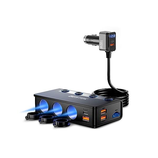 BESTEK シガーソケット 180W 3連 車 USB 増設 カーチャージャ 車載充電