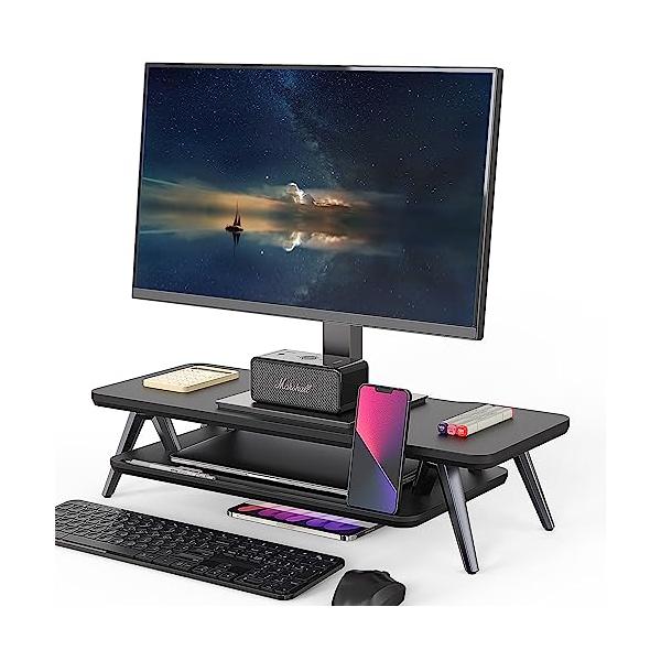 ブラック/幅60cm/-・Color:ブラックSize:幅60cm・収納プラス・デスク上をすっきり：モニター台２段式で上段はスマホやタブレットやノートなどをすっきりに収納できます。 下段の空間を活用して、キーボード、マウスなどの周辺機器を整...