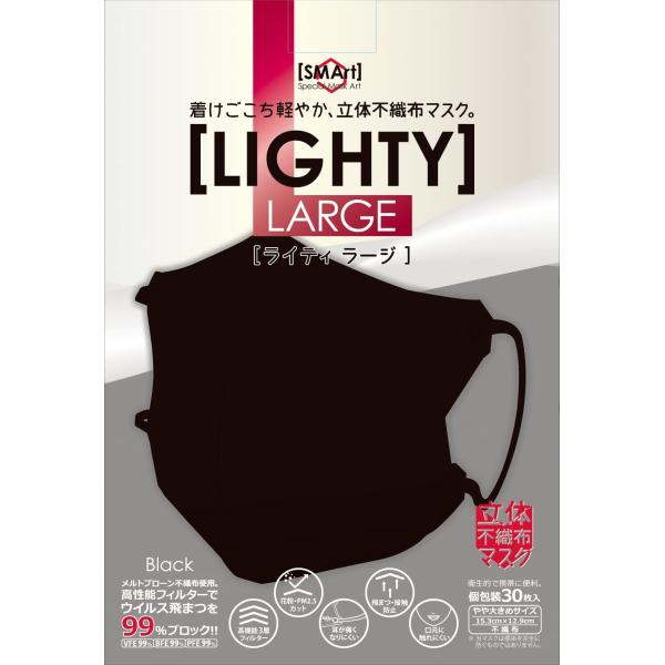 他サイト： アドバンス 立体不織布マスク ライティ ブラック ラージ サイズ 約15.3×12.9cm SMArt LLB-01 30枚入りの商品画像