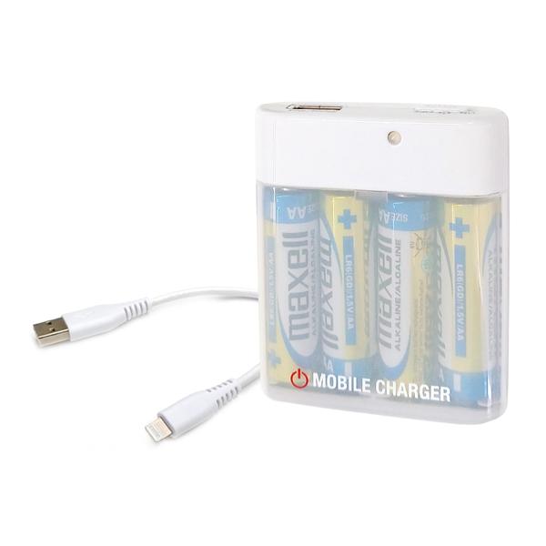 乾電池式充電器 単3アルカリ乾電池、ライトニングケーブル付 エアージェイ BJ-EMUSB1A WH (67-3153-65)