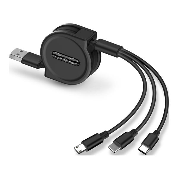 3in1 USBケーブル 巻き取り式 トライメイト TR-UC002-BK (67-4921-53)