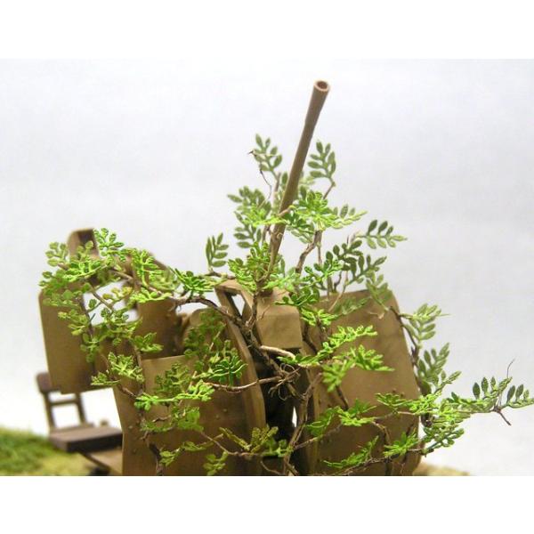 商品画像は着色完成例となっております。無着色のペーパークラフトとなっております。１ミリぐらいの葉が付いた小枝のセットです。葉脈までていねいに加工しました。1/48、1/72の樹木にも使えます。葉脈も再現されています。葉は再生紙をレーザーカッ...