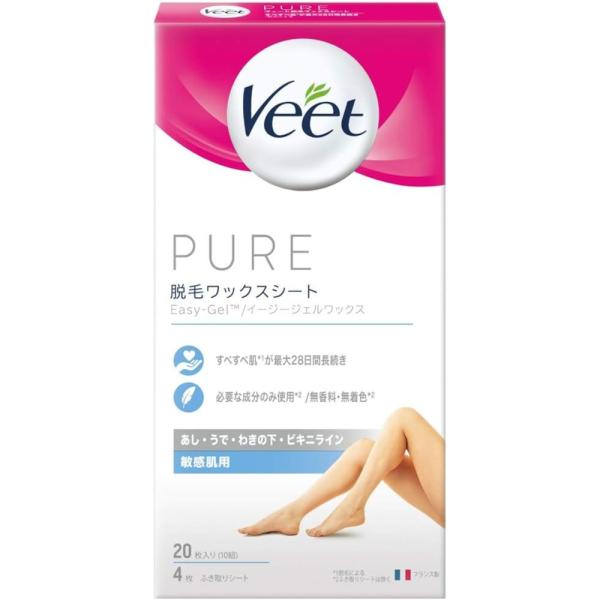 【送料について】送料無料！（ゆうパケット）配送方法指定・配送日時指定は承れません。ポスト投函でのお届けとなります。・除毛ワックスシート敏感肌用。・すべすべ肌*が最大28日間長続き　*除毛による。・短い毛も簡単除毛■Veet ヴィート ピュア...