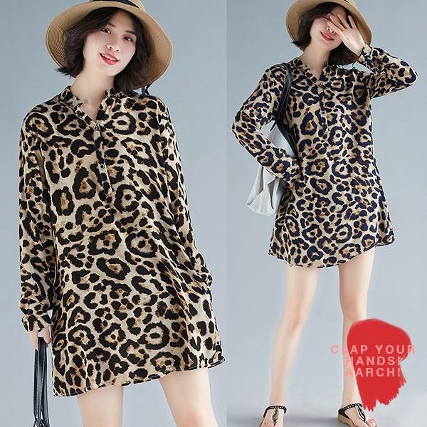 大きいサイズ ワンピース レディース ファッション ぽっちゃり おおきいサイズ 対応 ヒョウ柄 レオパード柄 プルオーバー シャツワンピース M L Ll 秋冬 rch W4100 rch 通販 Yahoo ショッピング
