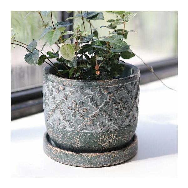 植木鉢 おしゃれ アンティーク グレゴラウンドポットS＜ 13cm 4号 穴あり 受け皿付き グレー ダークグレー セメント 丸い プランター  室内 屋外 観葉植物