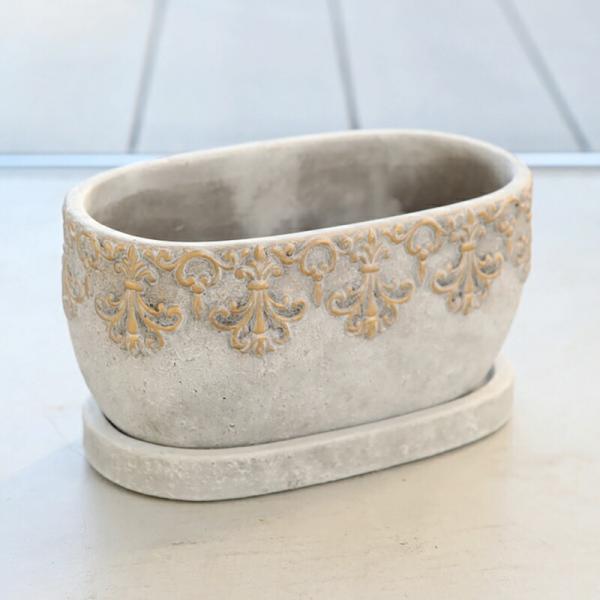 植木鉢 おしゃれ アンティーク アラベスクオーバルポットL＜ 23cm x 13cm 楕円 底穴あり 受け皿付き ホワイト グレー ゴールド セメント 室内 多肉植物 観葉植物