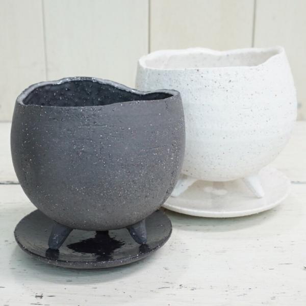 植木鉢 おしゃれ 陶器鉢 イオニアボウル足付S (B/W) 10.5cm 3.5号 穴あり 受け皿付 鉢 室内 屋外 鉢植え 観葉植物 多肉植物 塊根