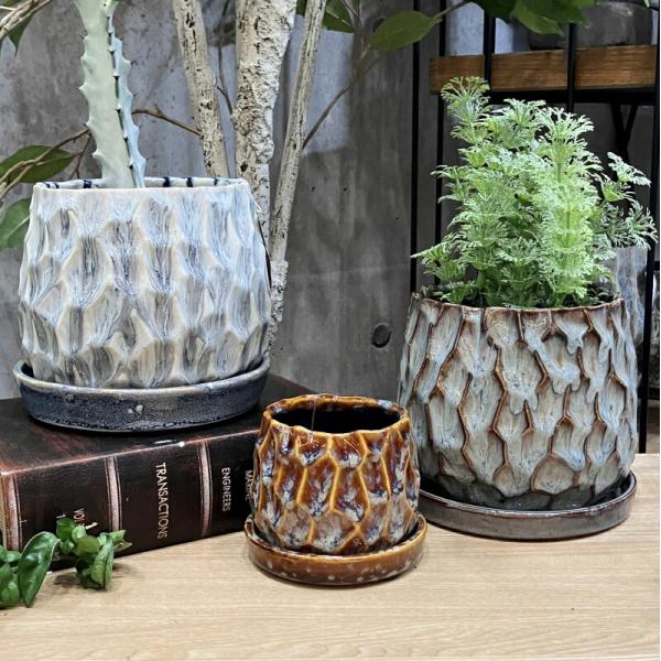植木鉢 おしゃれ 陶器鉢 ポリラウンドS (2色)＜ 胴部最大外径8.5cm 2.5号(2号用) 底穴あり 受け皿付 プランター 小さい かわいい 鉢 室内 鉢植え 観葉植物