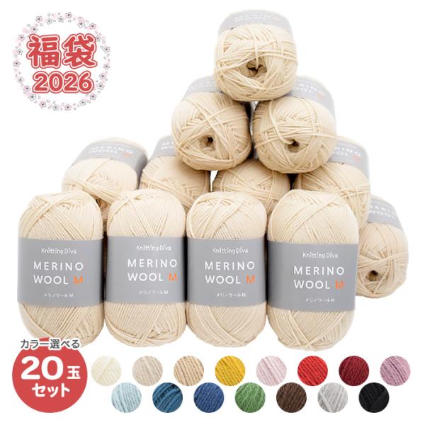 新春 2026年ABCクラフト福袋 毛糸 カラー選べる  中細 ニッティングディーバ メリノウールM 20玉セット福袋 2026  ハッピーバッグ 糸 編み物 編物 Knitting Diva ニッティングディーバ