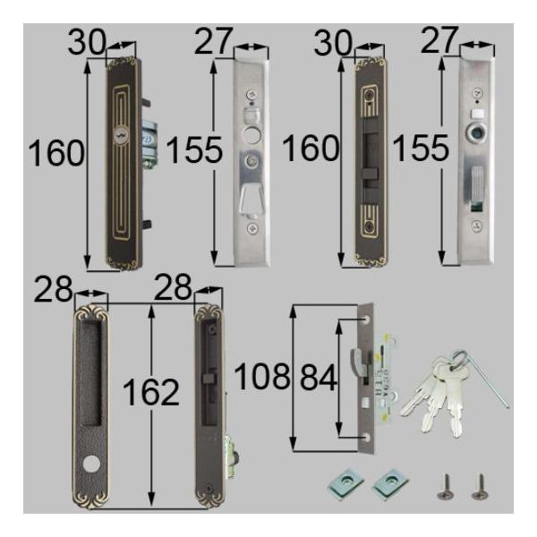 部品名 : 引手・召合せ内外錠セット商品コード : L1Y41色 : ブロンズ内容物 : 召合せ錠セットX1、引手錠セットX1、はさみナットX2、取付ネジセットX1、セットピンX1,キーX3、取扱説明書X1商品名　発売時期：菩提樹90.4〜