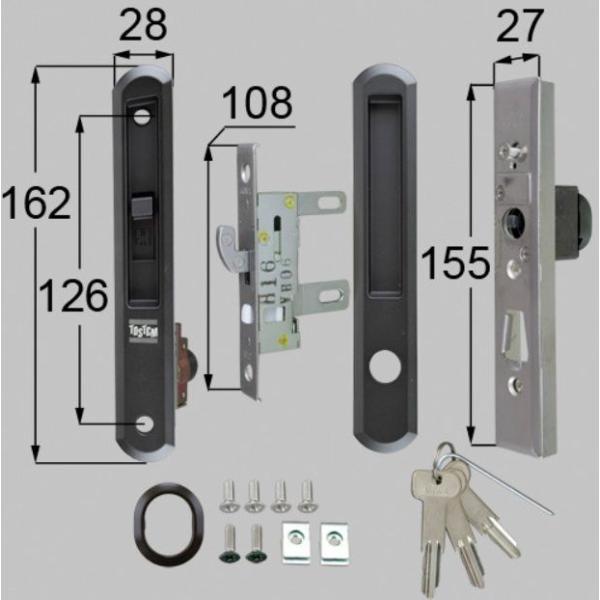 部品名 : 引手・召合せ内外錠セット商品コード : L1Y49色 : ブラック内容物 : 召合せ外錠X1、戸先引手内外錠セットX1、はさみナットX2、取付ネジセットX1、セットピンX1,キーX3、取扱説明書X1備考：エルミナ90/11〜