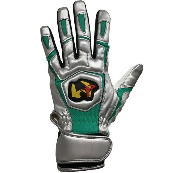 合成皮革製 両手用 バッティング手袋 はめ心地好評のアイランド設計・セミ立体設計とカフスホールド構造。●素材：掌部/合成皮革（デジタル加工）●甲部/合成皮革、ポリエステル、ポリウレタン