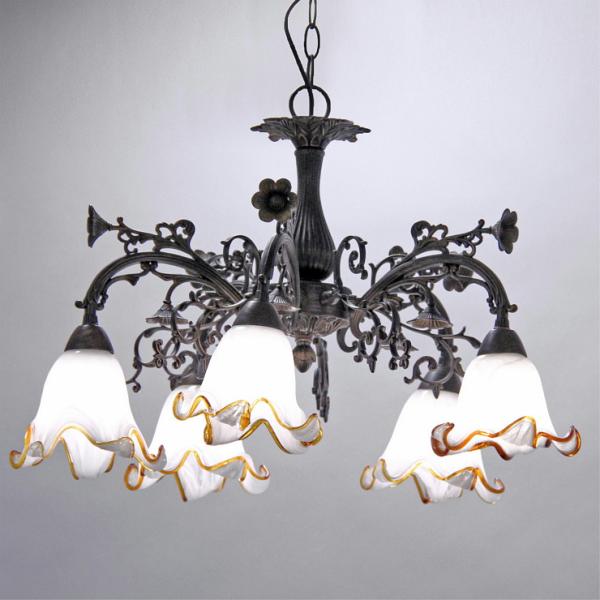 シャンデリアランプ おしゃれ 5灯式 アイアン ガラスシェード 725019