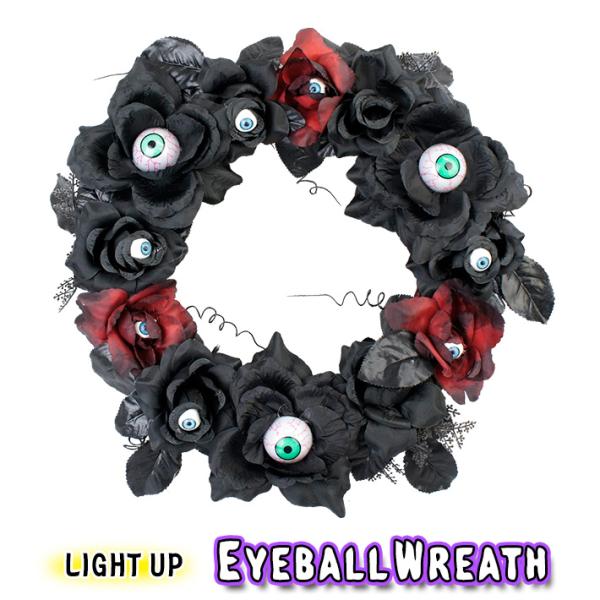 ■ Light Up Eyeball Wreath ■アメリカならではの本格的なハロウィンリースです！目玉のLEDライトが赤、青、緑と点滅しながら怪しく光る！ブラックのアートフラワーも精巧で凝ったデザイン！玄関ドアやウォールデコに♪自宅はも...