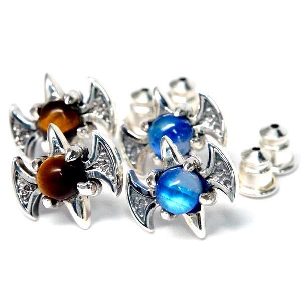 シルバー925 スタッド ピアス 蝙蝠 コウモリ バット 燻し仕上げ 天然石