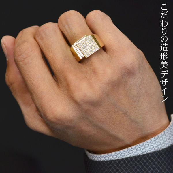 ダイヤモンド 印台 メンズリング 指輪 K18 印台リング 18金 ゴールド 幅広 パヴェ 男性用 日本製 刻印入り ごつい 太め 鑑別書付き