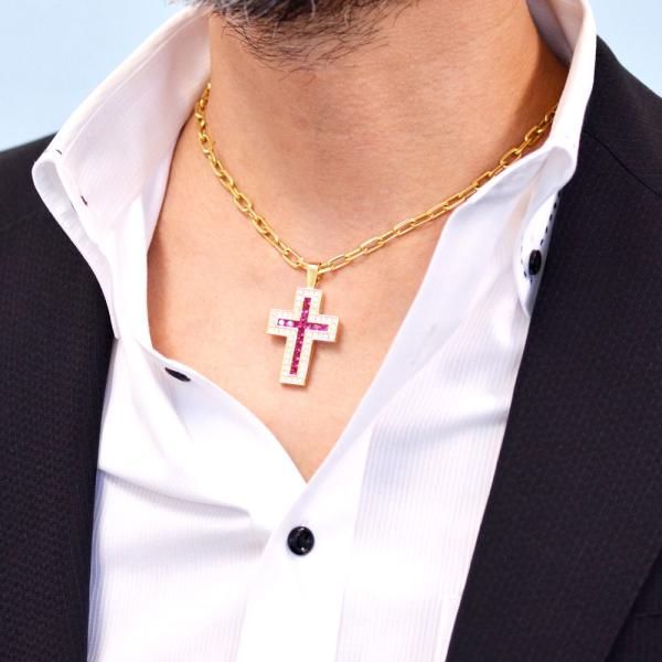 メンズネックレス 18金 ルビー ダイヤモンド クロスネックレス アズキ 