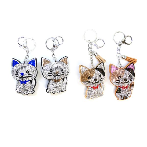 バックチャーム ストラップ キーホルダー  キャット 猫 ビジュー調パヴェ 袋縫い