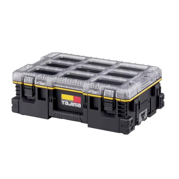 ●工具や配管部材等の収納に適したツールボックス●透明なトップカバーでフタを開けずに中身の確認が可能●外側にセフホルダー機能（4個）を搭載●重ねて置くだけでしっかりと連結する荷崩れ防止仕様●持ち運びに便利なフロントハンドル付●IP65準拠の防...