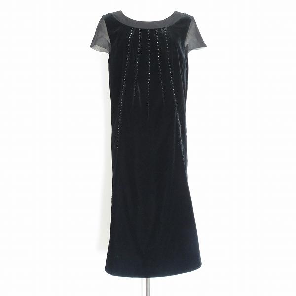 wnc ランバン LANVIN ワンピース 40 黒 ビジュー ベロア 異素材  