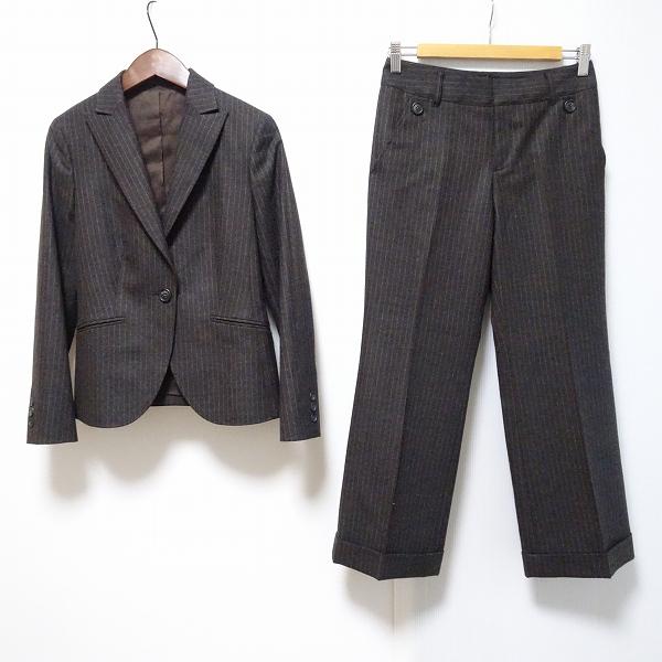 wnc ニューヨーカー NEWYORKER パンツスーツ 7AR 茶系 ストライプ 