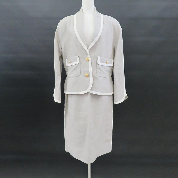 apc シャネル CHANEL BOUTIQUE スカートスーツ 42 グレー 白 リネン 麻  