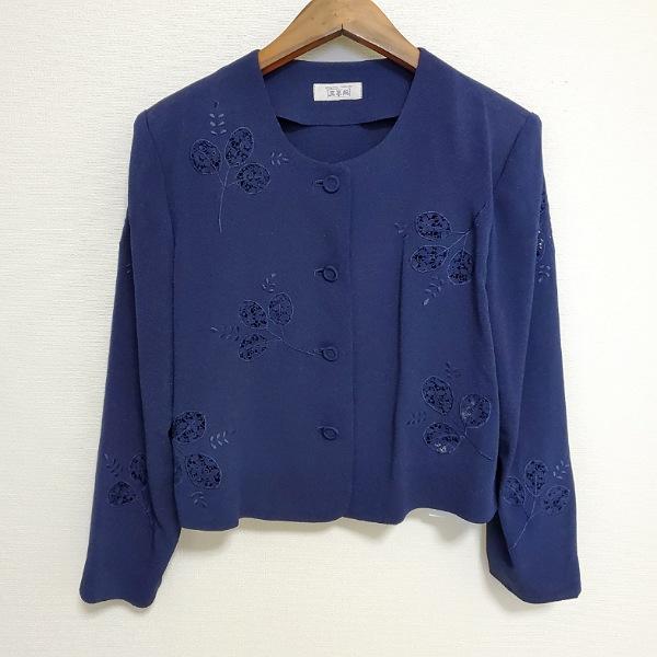 #anc 三年坂 ジャケット M 紺 ちりめん 刺繍 ノーカラー クロップド レディース [771232]