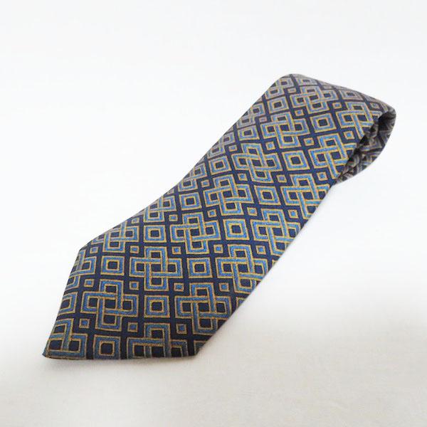 HERMES #apzt エルメス ネクタイ 紺 黄 青 シルク フランス製 総柄 