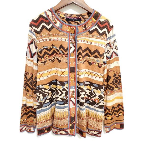 LEONARD #apc レオナール カーディガン LL 茶系 総柄 大きいサイズ 