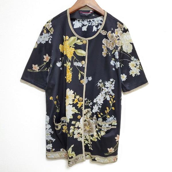 spc レオナール LEONARD ジャケット L 黒 チュニック 半袖 ロング 花柄 
