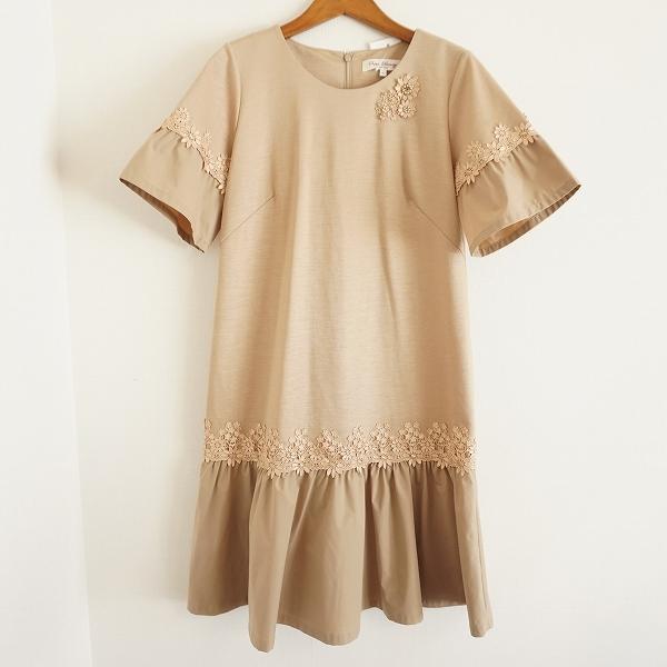 #snc スーパービューティー Super Beauty ワンピース 40 ベージュ 麻混 半袖 花柄 レース ビーズ 異素材 レディース [802676]
