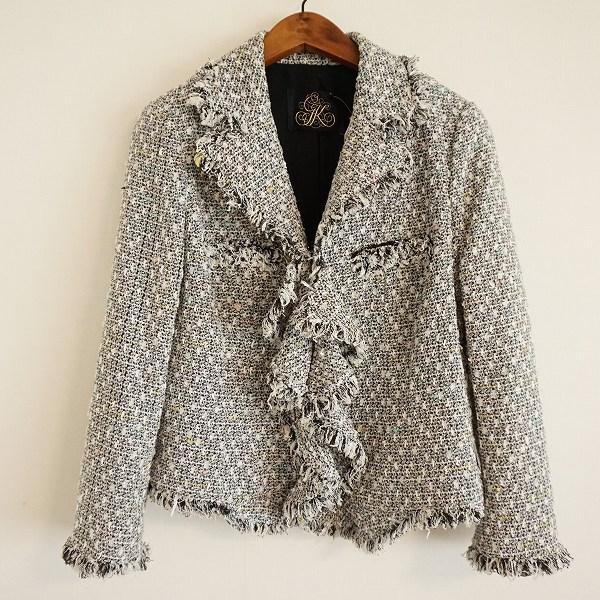 伊太利屋 ホワイト花柄レース 麻 ノーカラージャケット サイズ9号