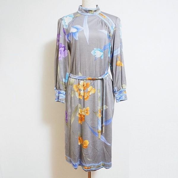 apc レオナール LEONARD ワンピース M グレー ベルトひも付 花柄 