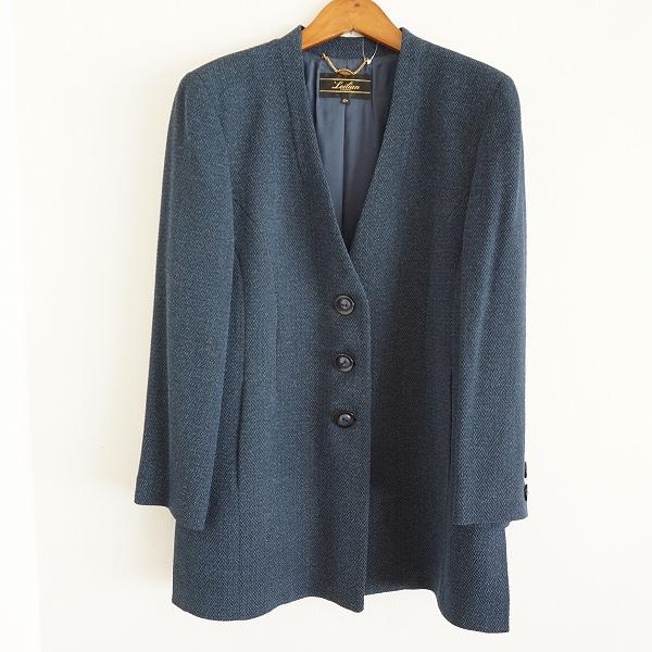 anc レリアン Leilian ジャケット 13+ 青系 ノーカラー ヘリンボーン  