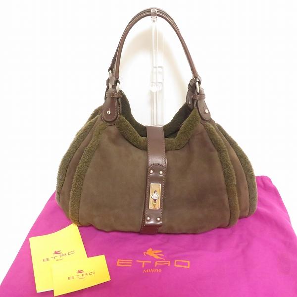 wnb エトロ ETRO ショルダーバッグ 茶 カーキ系 羊革 ムートン レザー 