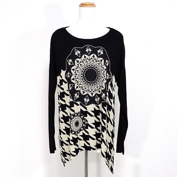 #anc  デシグアル Desigual カットソー 長袖 ドロップショルダー 総柄 変形 千鳥柄 大きいサイズ XL 黒系 ベージュ レディース [836789]