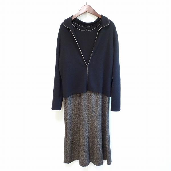 wnc レリアン Leilian ワンピーススーツ 9 黒 ベージュ系 ニット 異  