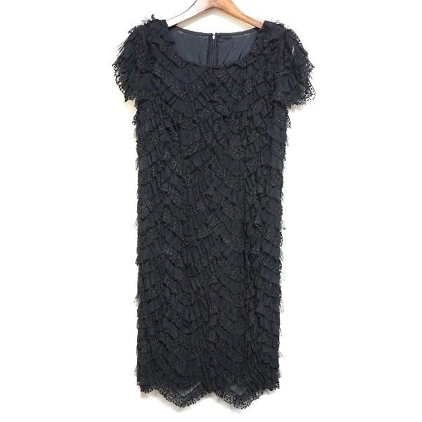 銀座マギー刺繍入りネイビー半袖ひざ丈ワンピース