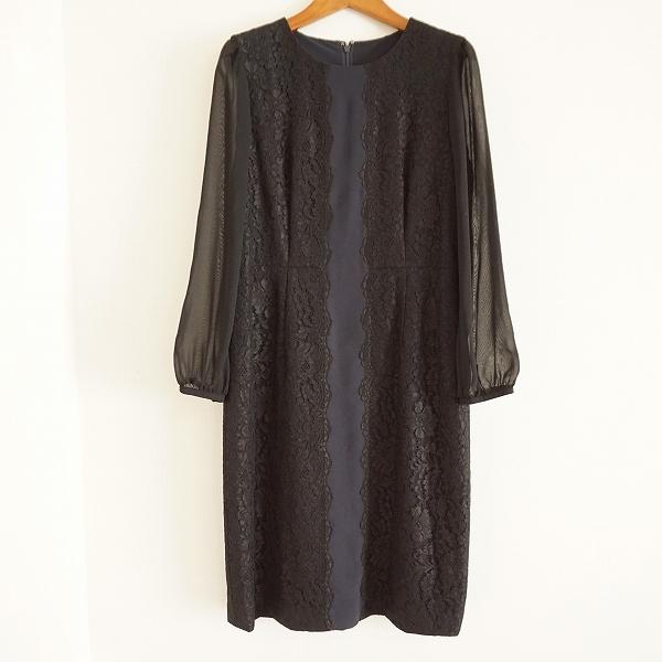 anc レリアン Leilian ワンピース 9 黒 紺 花柄 レース 長袖  