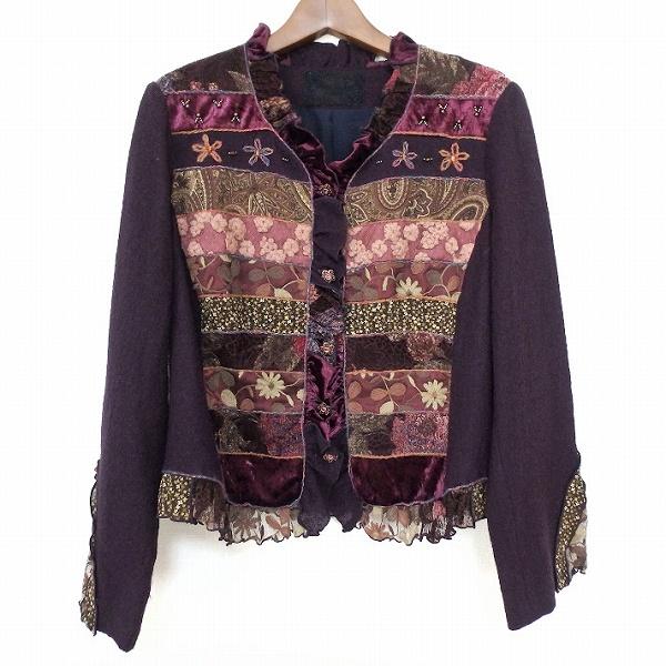 美品 ノンノンドール お花 刺繍 レース ジャケット ニット ムッシュ榊 F wnc ノンノンドール nonnondorl ジャケット F 紫 ピンク 茶 花 刺繍